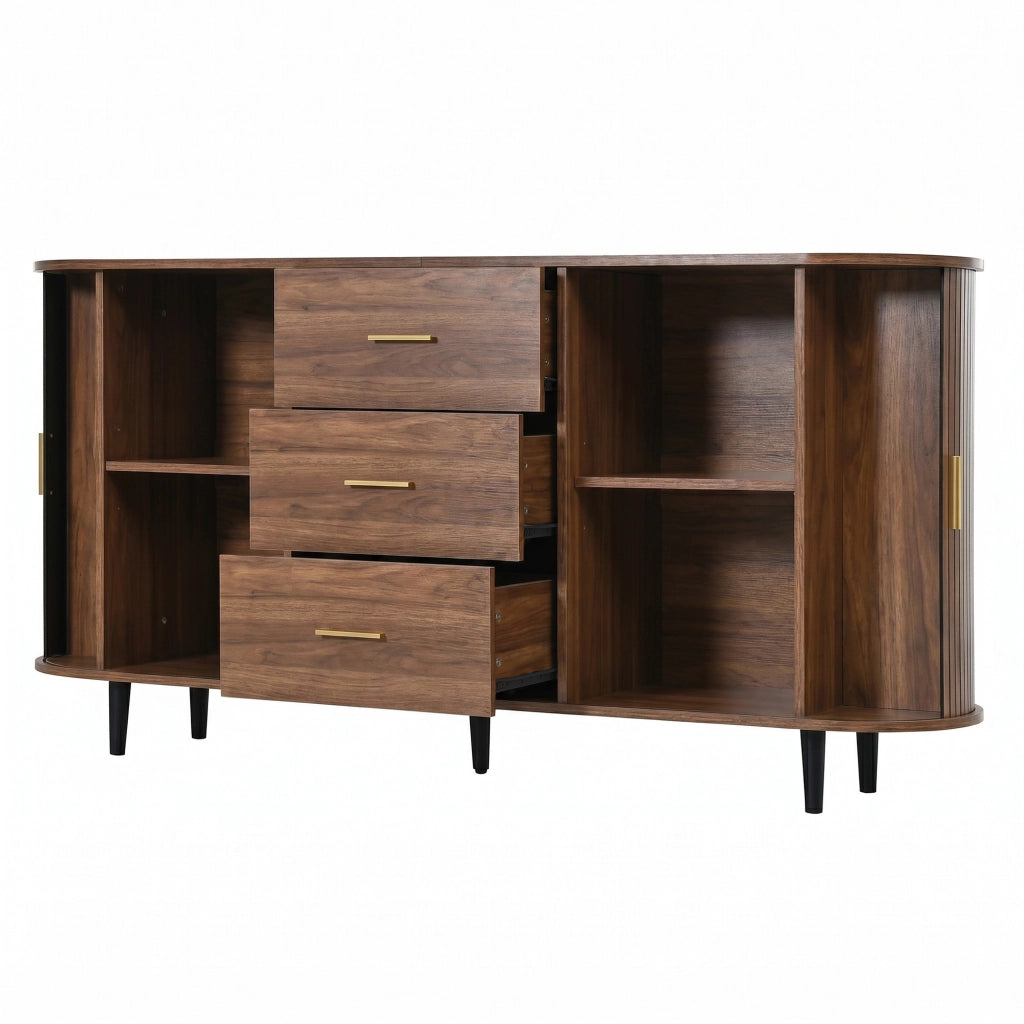 Credenza da sala da pranzo, mobile da ingresso, 3 cassetti, ante scorrevoli, piedini in metallo, color noce