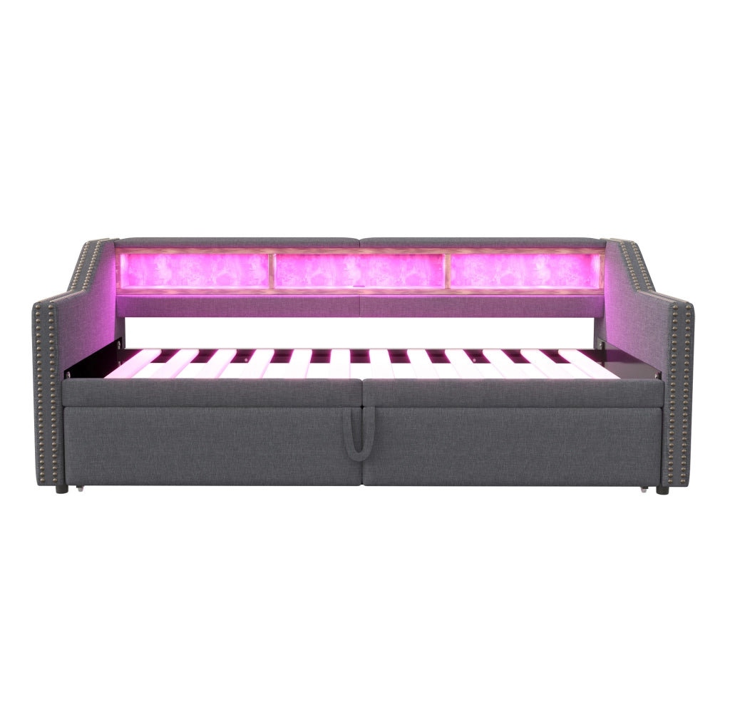 Divano letto imbottito estraibile 90/180 x 200 cm con LED e USB grigio scuro