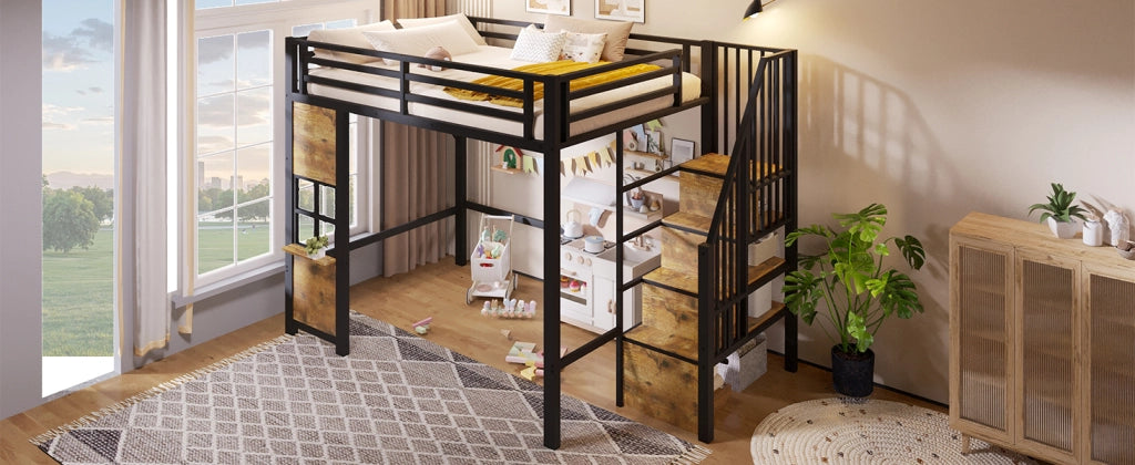Letto a soppalco per bambini 140 × 200 cm con scala contenitore, ripiano laterale, senza materasso, nero