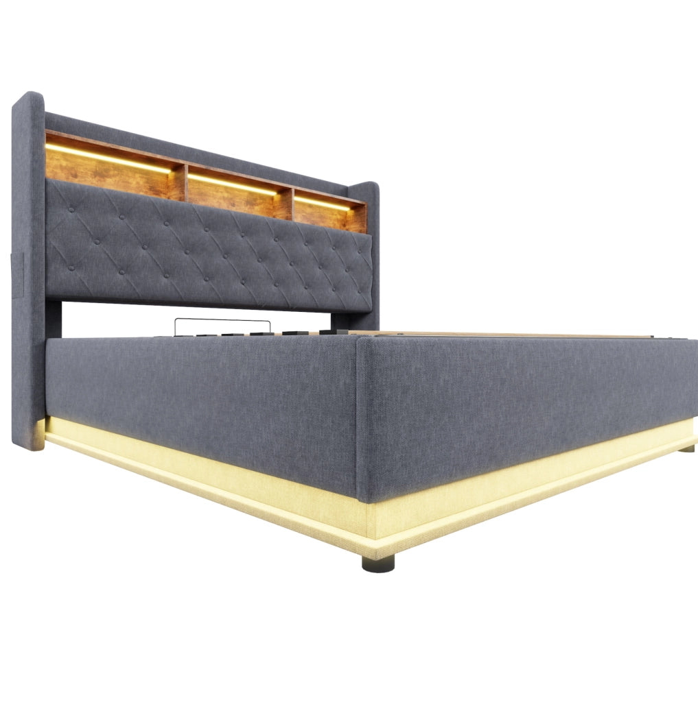 Letto matrimoniale imbottito 180x200 cm con LED; USB e contenitore idraulico; grigio