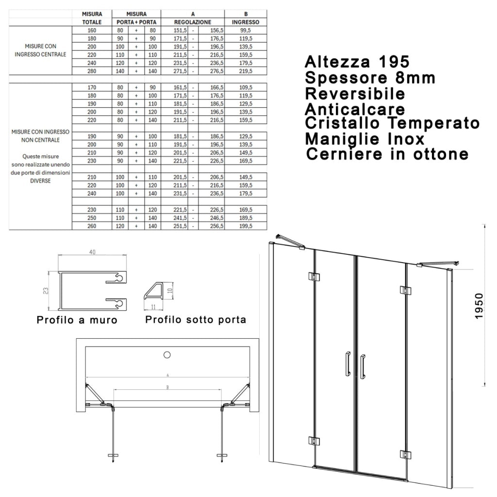 Porta doccia con due porte battenti trasparente 8mm regina, misura 200