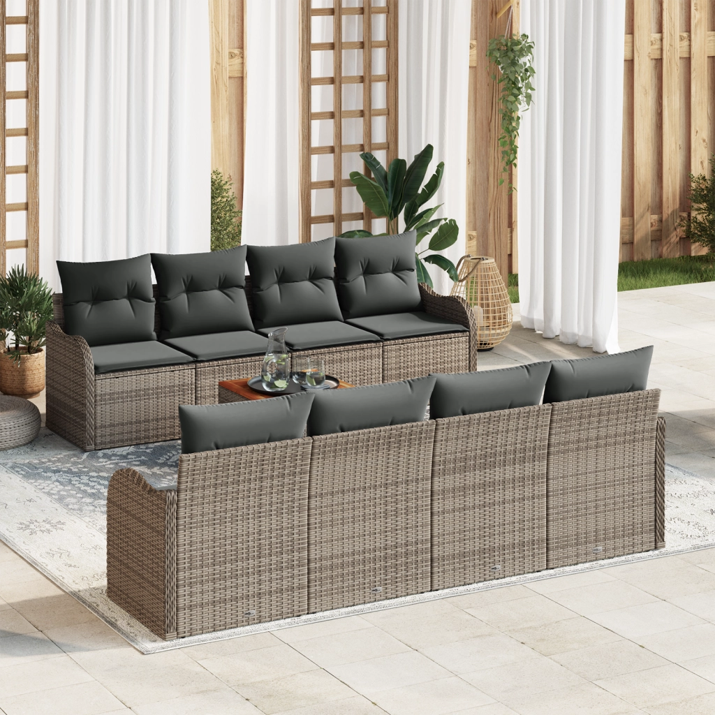 Set divani giardino 9 pezzi con cuscini grigi in polirattan e acciaio