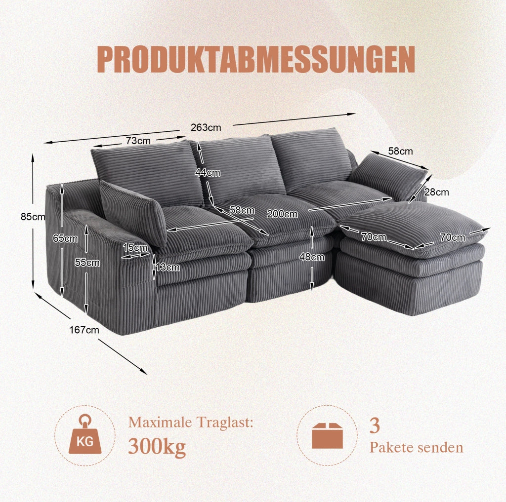 Divano modulare in velluto a coste grigio scuro con pouf