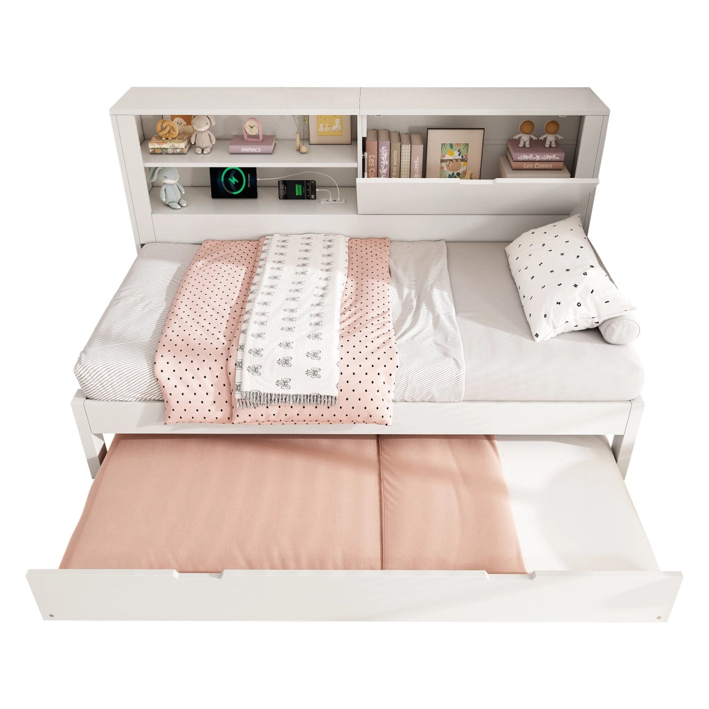 Divano letto singolo 90x200 bianco estraibile 90x190 vano e ripiano USB/Type-C doghe