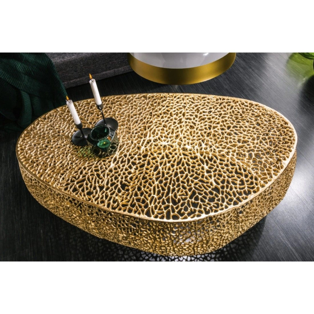 Tavolino da salotto design METRIX 122x69 cm – Alluminio dorato con motivi arrotondati