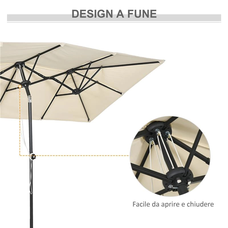 OMBRELLONE DOPPIO INCLINABILE E REGOLABILE CON CORDICELLA IN POLIESTERE E METALLO 150X295X170-214 CM CREMA