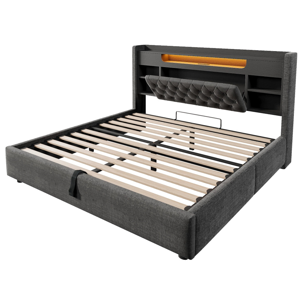 Letto matrimoniale 140x190 cm in tessuto effetto lino grigio con contenitore; LED e porte USB