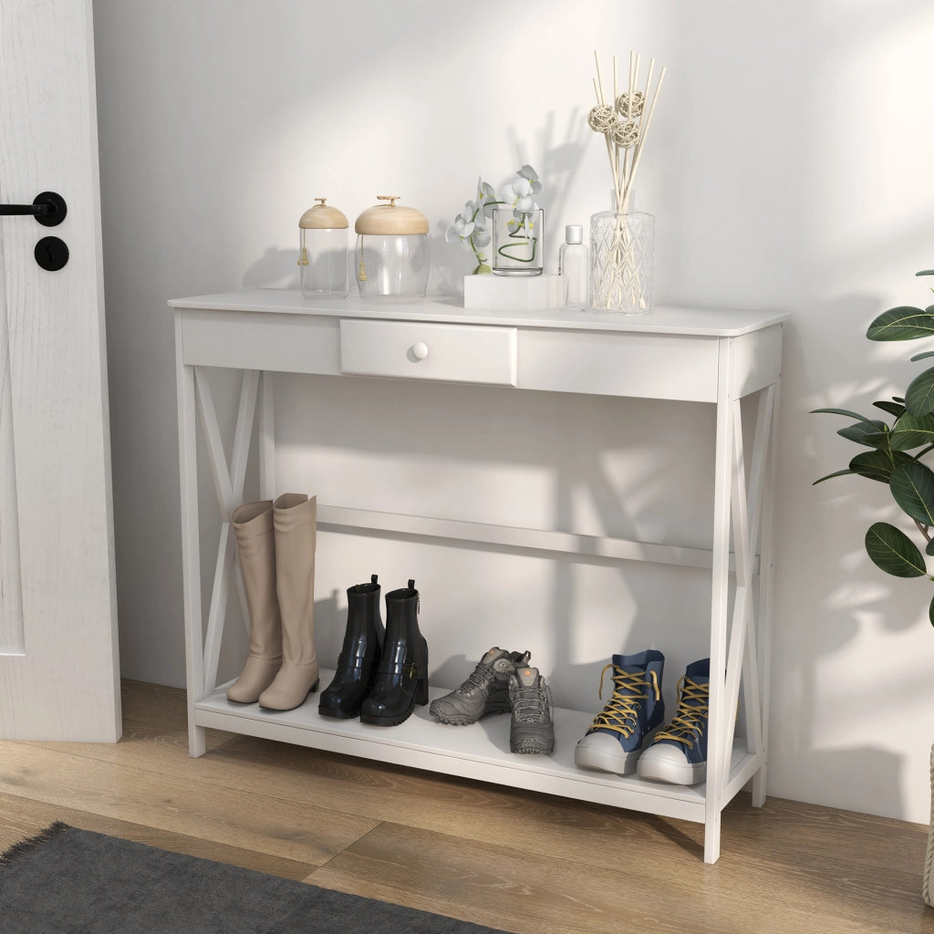 Tavolo console in legno con cassetto e ripiano ¨C zephmum ¨C 100x30x81cm bianco