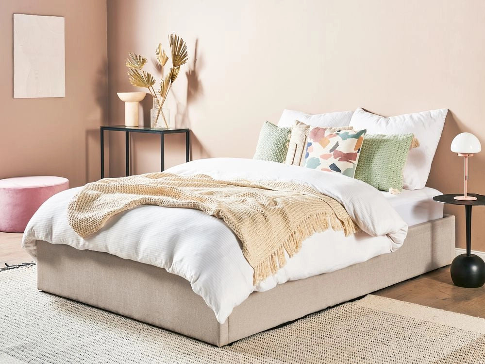 Letto a doghe Ottomana imbottita in tessuto di poliestere marrone chiaro Contenitore 140 cm 6 Doppia dimensione Design moderno