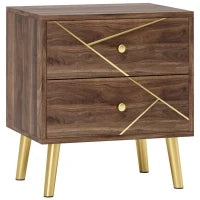 Comodino con 2 Cassetti, Maniglie Dorate, Piedi in Acciaio, 45 x 35 x 50 cm, Marrone
