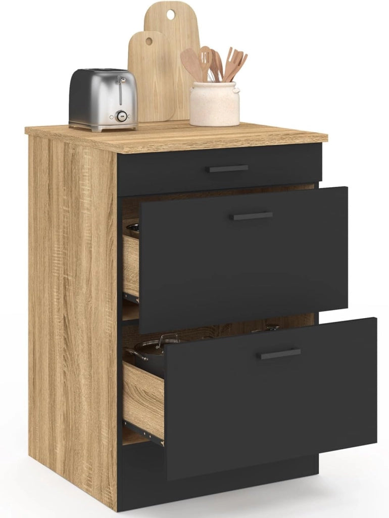 Base cucina 60 cm SUBTIL casseruola occasionale 3 cassetti legno e nero