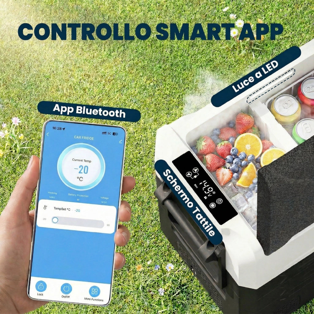 Frigorifero Auto 50L Compressore. Doppia Zona. Controllo App. Nero. Campeggio.