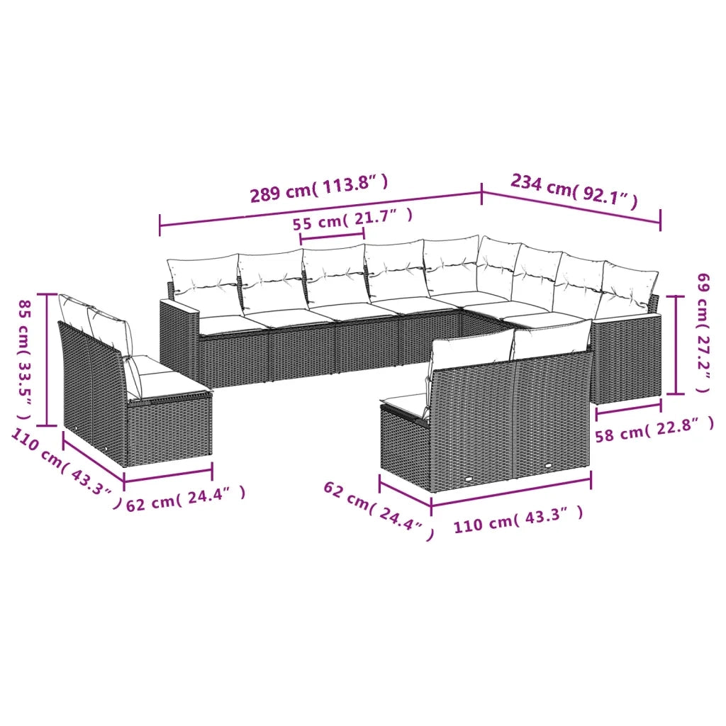 Set Divano da Giardino 12 pz con Cuscini Beige Misto Polyrattan 3226472