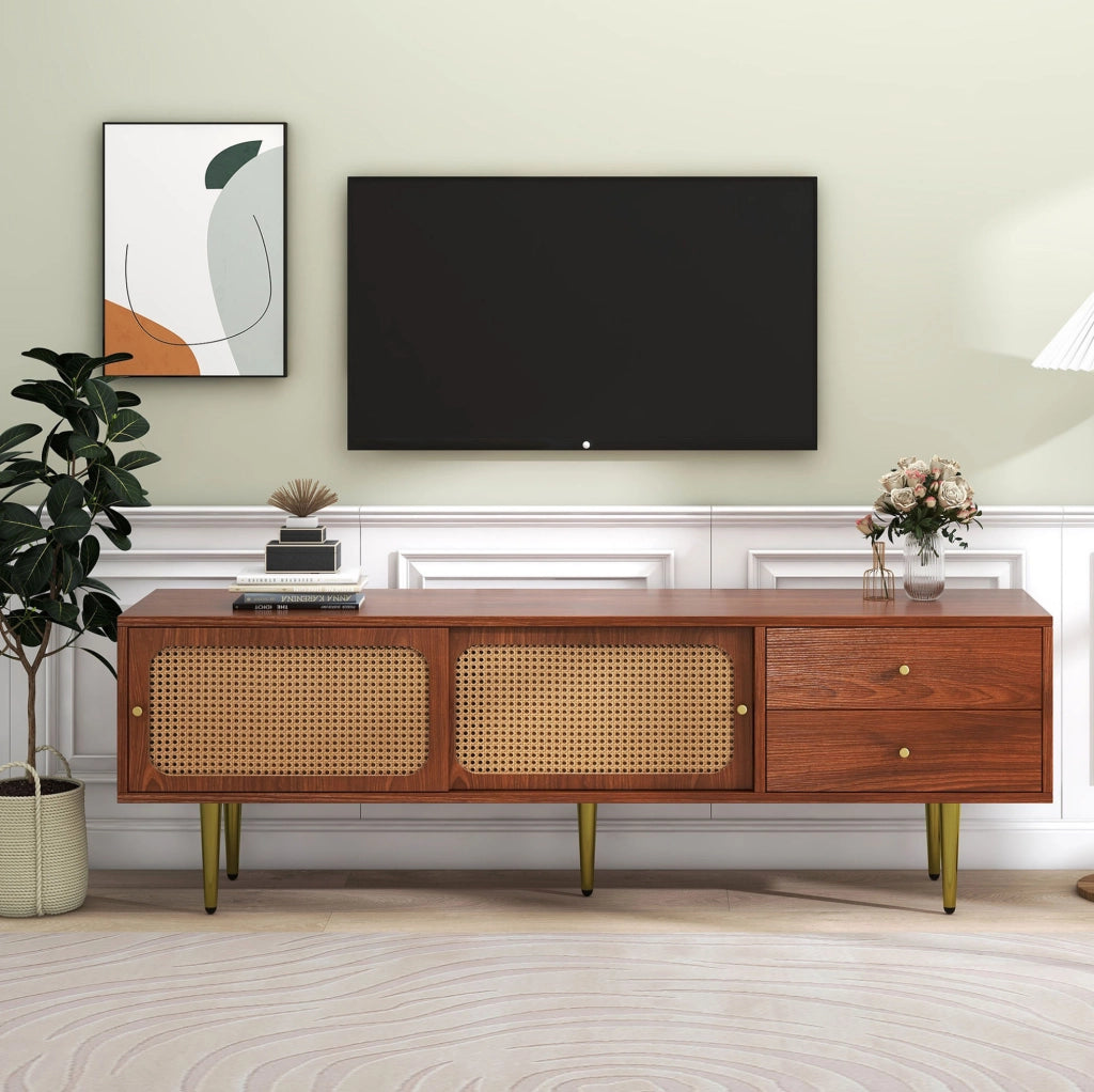 Mobile TV 160x40x60 cm con ante scorrevoli e 2 cassetti in MDF e rattan sintetico noce e caffè