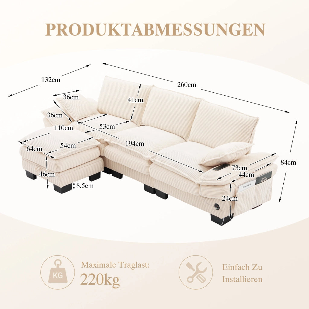 DIVANO Modulare 3 posti con pouf 260x132x84 cm Corduroy Beige