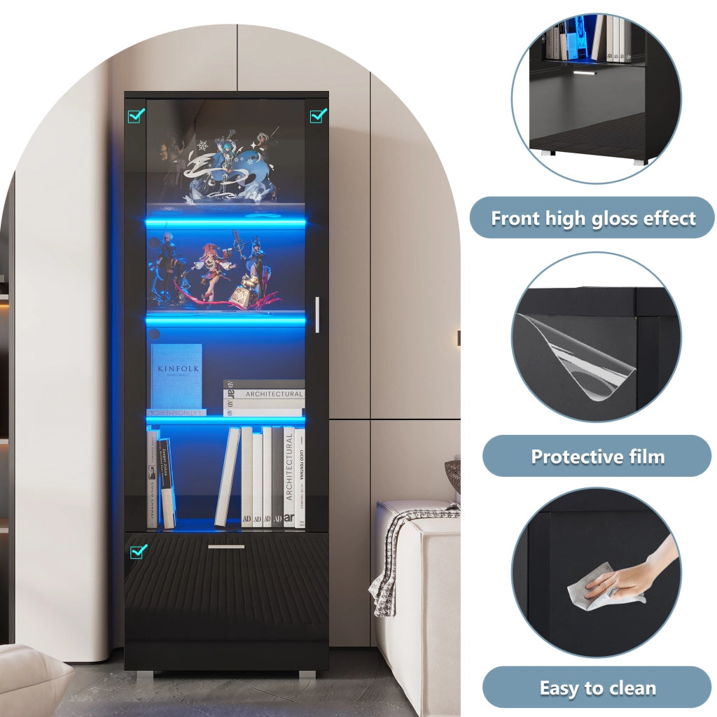 Vetrina con 3 ripiani, ante in acrilico e LED con telecomando, per soggiorno e studio, nero, 40 × 50 × 160 cm