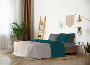 Set Lenzuola Matrimoniale Sopra Sotto e Federe Doubleface Verde Petrolio/Fumo