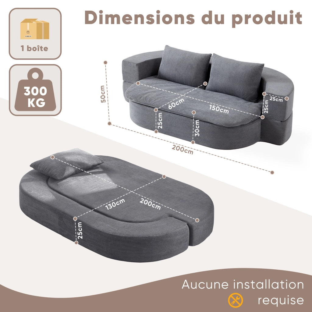 Divano letto pieghevole in flanella con schiuma ad alta densità e coperta grigio chiaro 131 × 32 × 32 cm