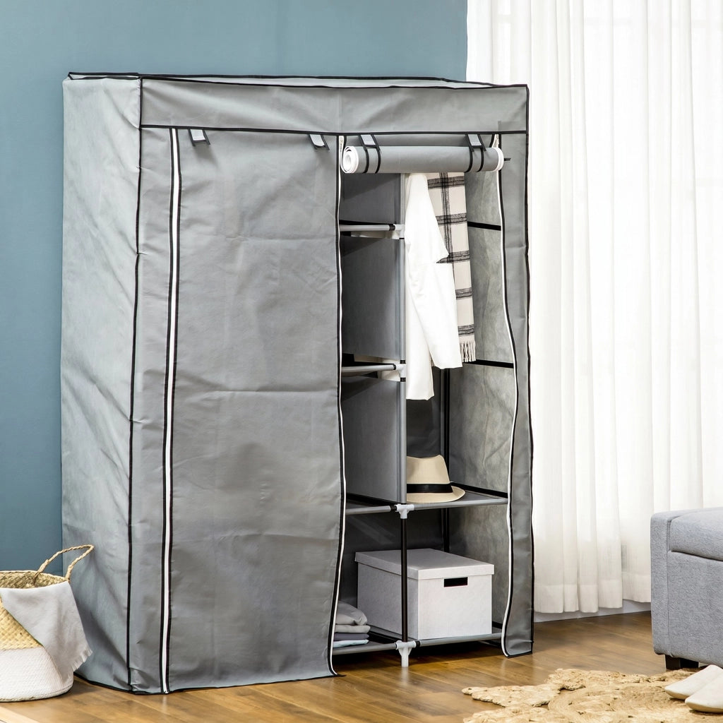 Armadio Salvaspazio con Base Rialzata 125x43x162,5 cm 8 Ripiani e 2 Barre in Tessuto non Tessuto e Acciaio Grigio Chiaro