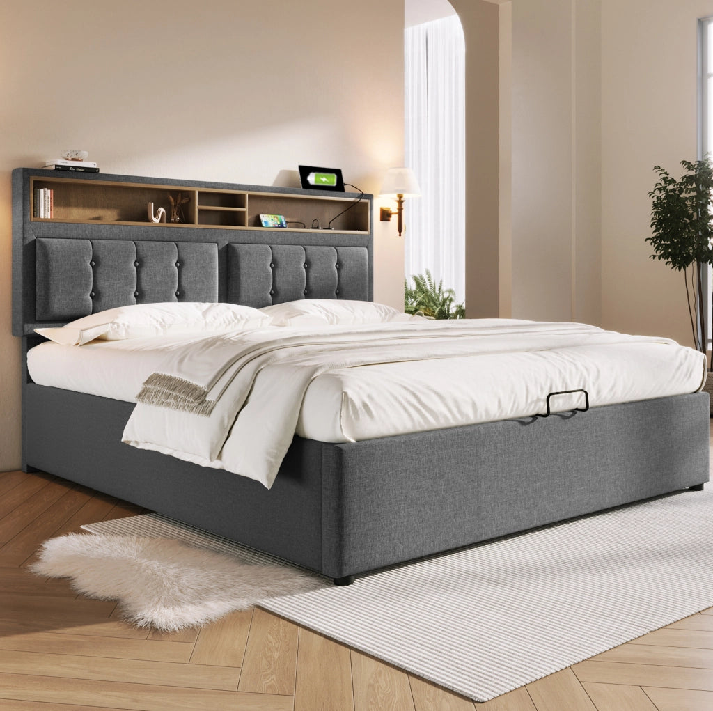 Letto matrimoniale imbottito 160x200 cm con testiera regolabile; presa USB e contenitore; grigio in lino