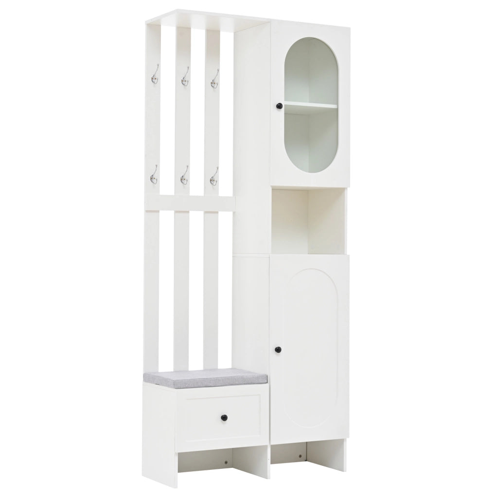 Armadio ingresso multifunzione 85 x 33;5 x 200 cm in truciolare bianco con ante in vetro temperato