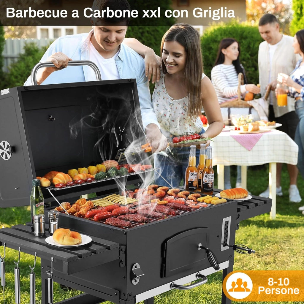 Barbecue a Carbonella XXL, Griglia per Barbecue con Camino e Coperchio, con Termometro e 2PCS Ruotes, Altezza Regolabile, Grande BBQ Smoker per Giardino, Campeggio