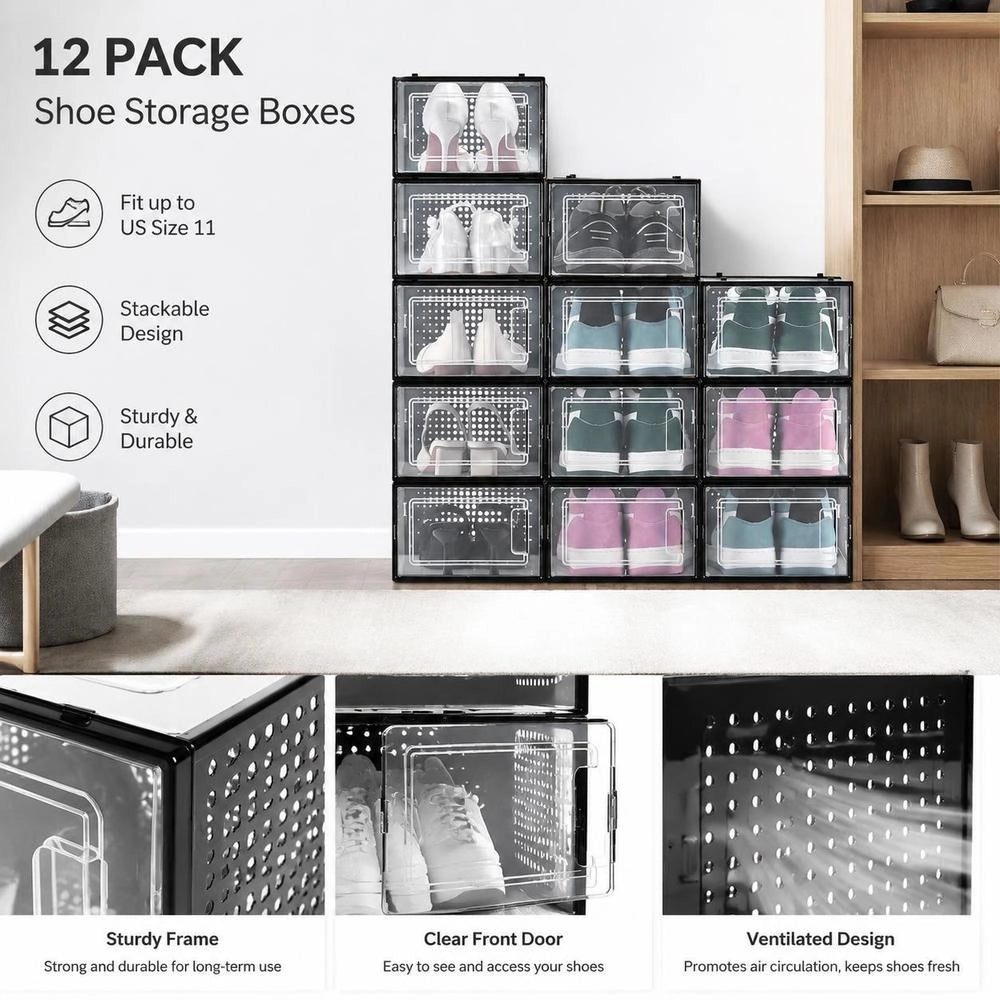 Shoe Storage Boxes, Stackable Shoe Boxes (12 Pcs), Fits Up To US Size 11, Modular Plastic Shoe Organizers For Storing High Heels, Boots, And Hats, Black Frame