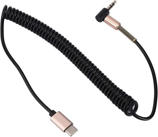 Cavo da USB C a 35 mm a molla - Cavo telescopico estensibile - Adattatore audio stereo - per auto, home audio, smartphone, tablet PC - 1 m/33 ft - Nero.