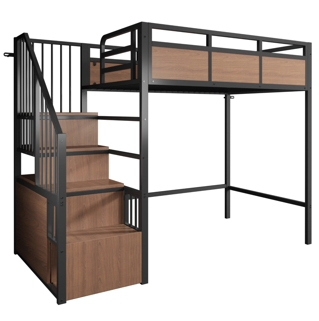 Letto a soppalco 90x200 cm con scala portaoggetti e LED in metallo e legno nero