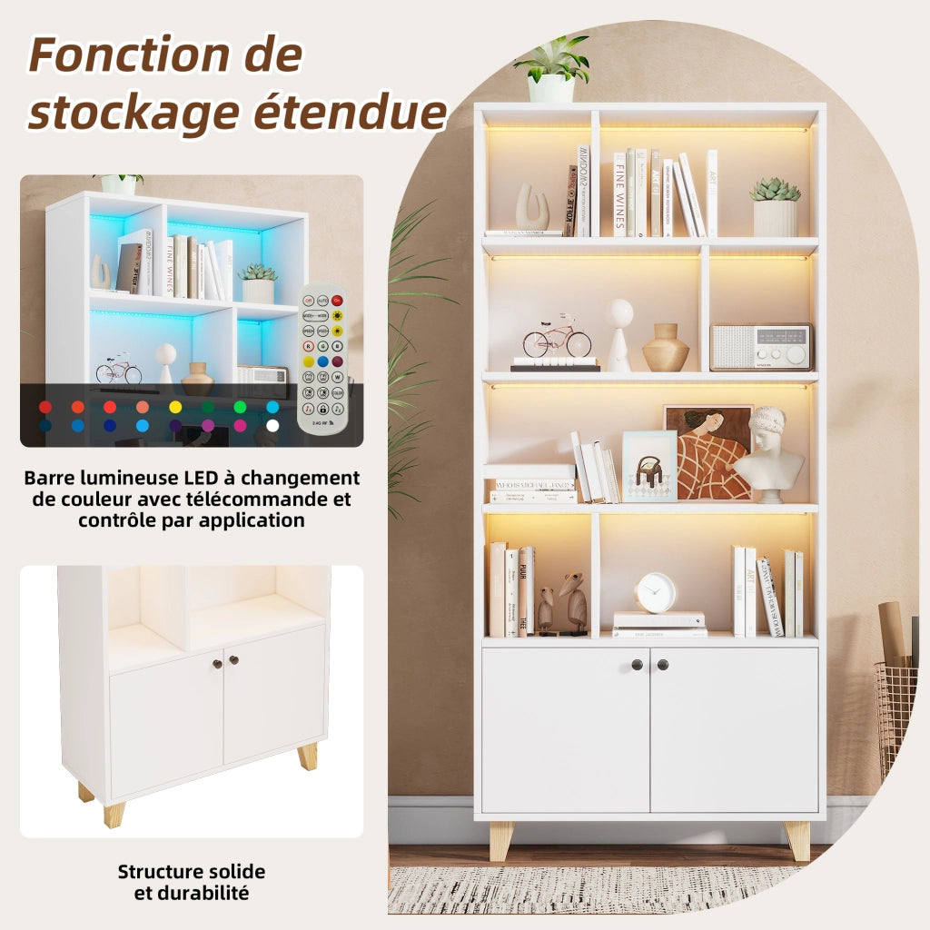 Libreria con 2 Ante e 7 Vani; LED Multicolore; Piedini in Legno Massello; in MDF; 80×30×173 cm; Bianco