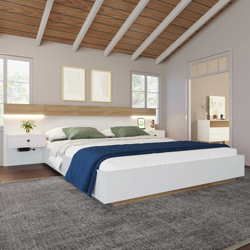 Set camera – 140x200 cm – 2 comodini LED USBC – rovere Sonoma/bianco