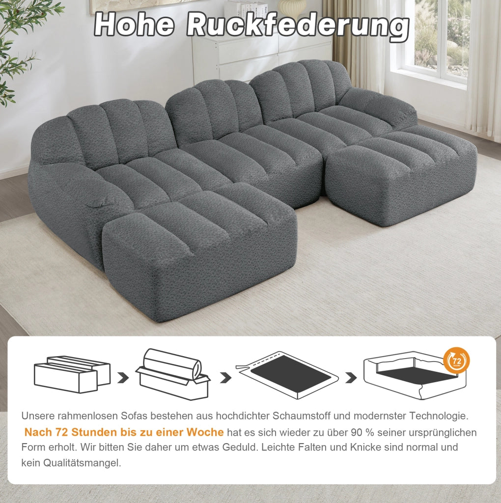 Divano modulare 3 posti con 2 pouf; configurazione a U o L; in tessuto fleece granulare grigio