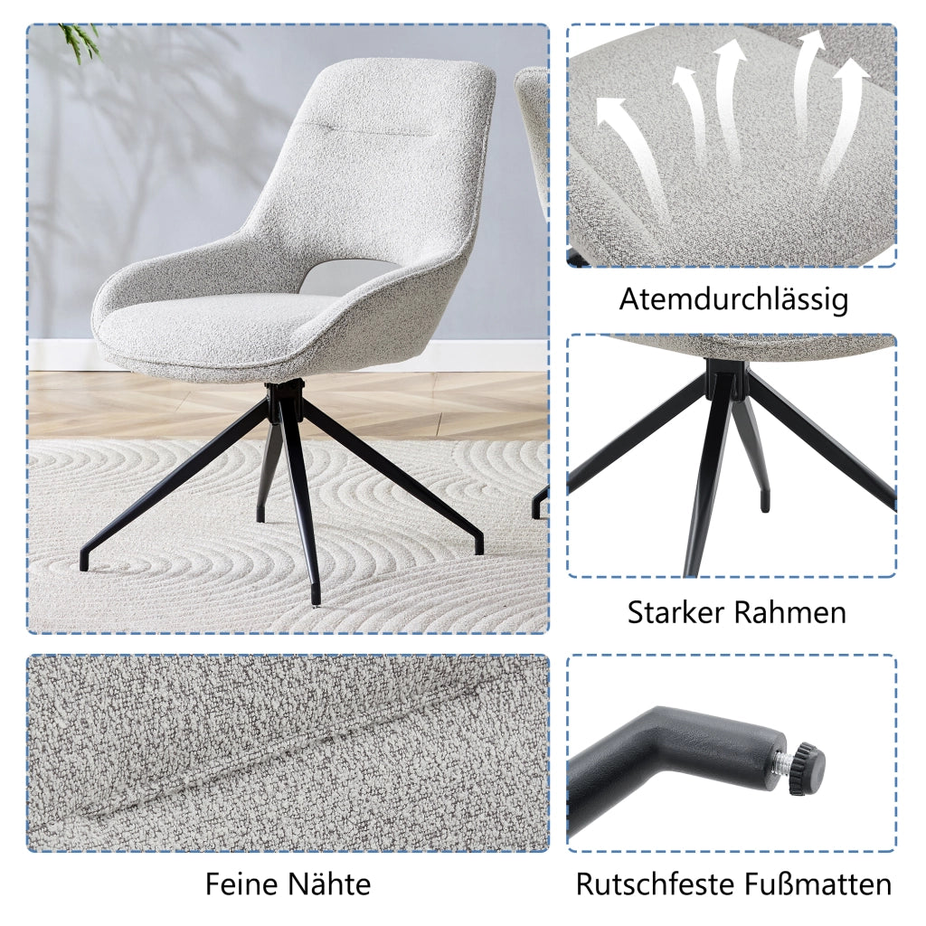Sedia da Pranzo Girevole 360° con Braccioli, Tessuto Strutturato, Metallo Nero, Grigio Beige