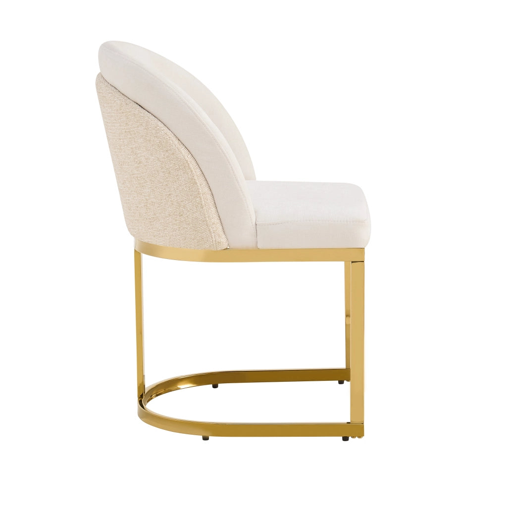 Sedia da Pranzo Set da 4 con Schienale Doppio e Gambe in Metallo Galvanizzato, in Ciniglia Beige e Oro