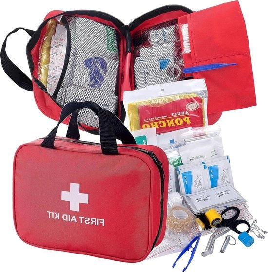 Kit di pronto soccorso completo a 180 pezzi per attività all'aperto, lavoro, casa, viaggi, sport e auto, contenuto in una piccola scatola di emergenza medica.