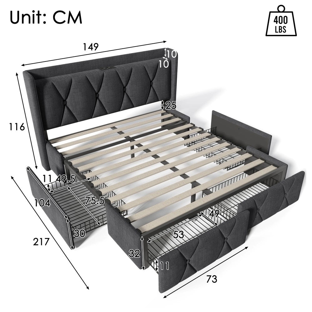 Letto imbottito con 4 cassetti e testa ¨C Minimal ¨C grigio legno 140x200cm