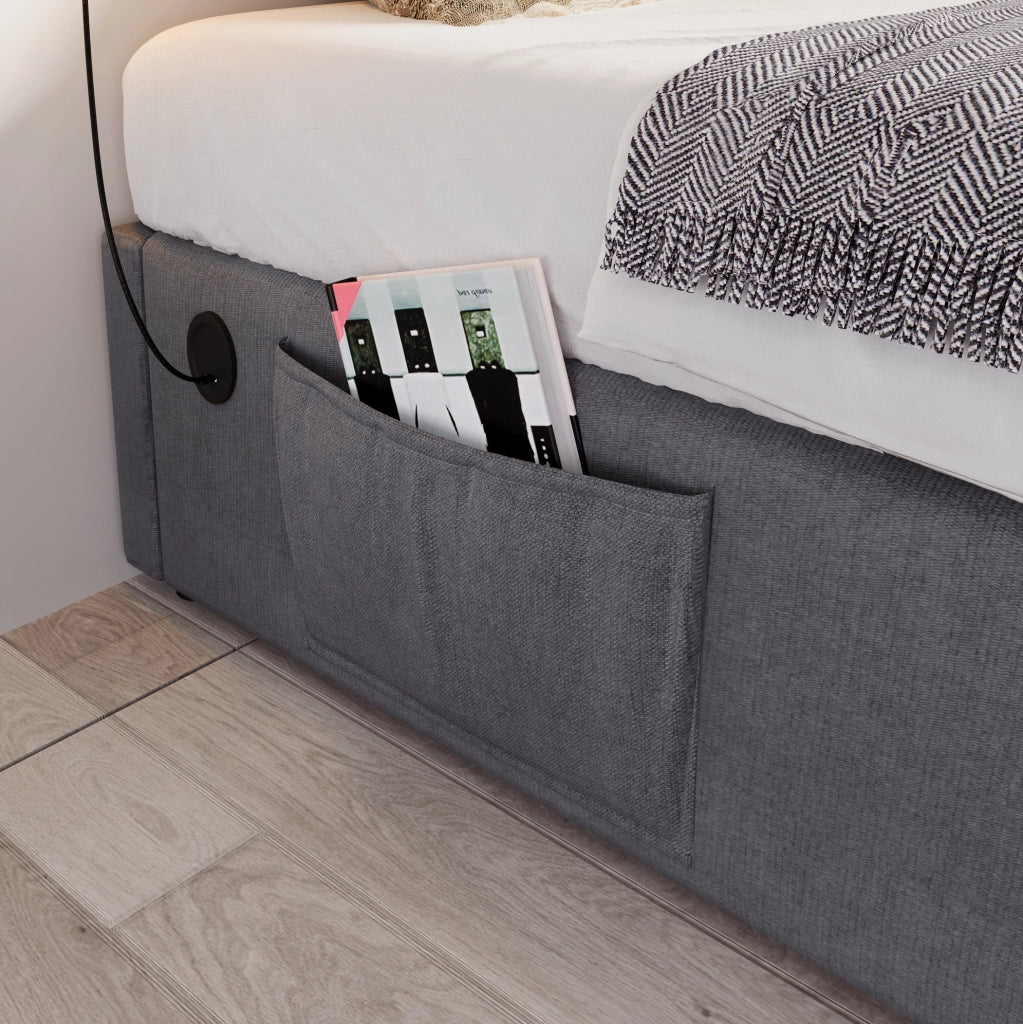 Letto contenitore singolo 90x200 cm in tessuto lino; USB e Type-C; grigio; senza testiera