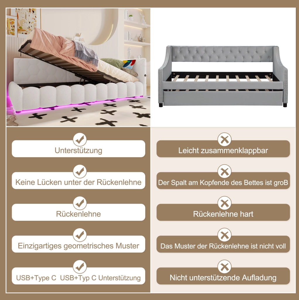Letto singolo 90x200 cm con contenitore, LED, USB e Type-C