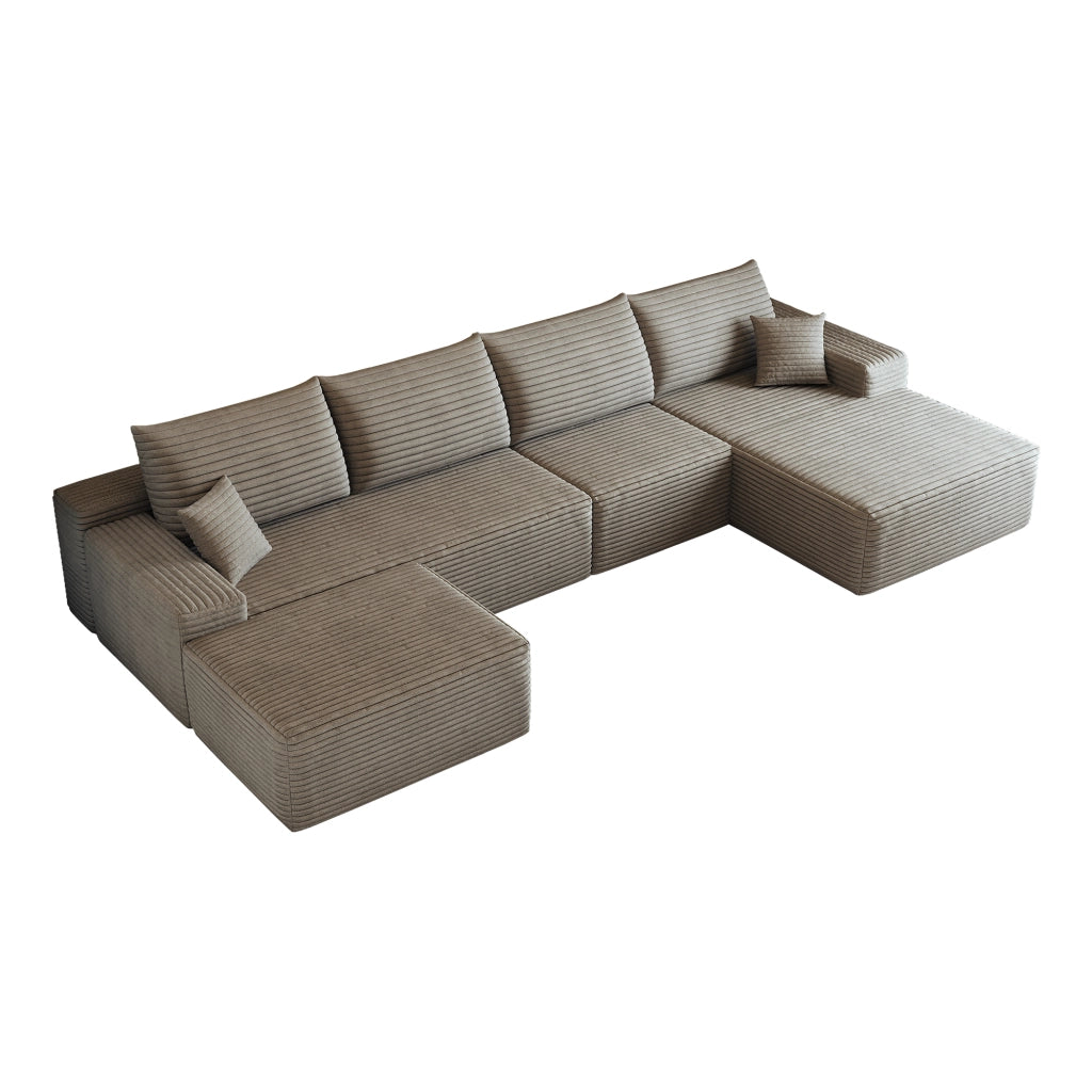 Divano angolare modulare - con chaise longue - in tessuto a coste - camel - 270 × 175 × 83 cm