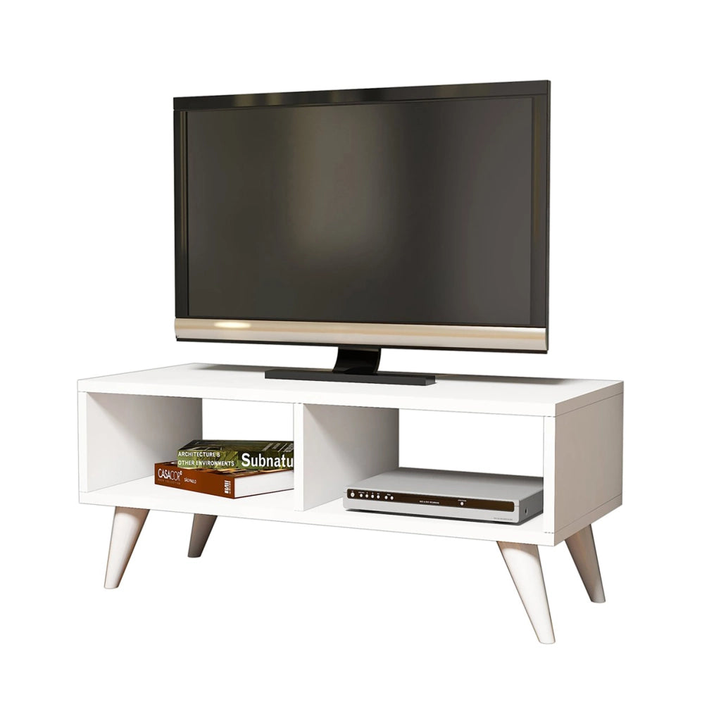 Mobile Porta TV 'Aaskov' - Larghezza 90 cm - Consolle Basso a 2 Scomparti Aperti - Bianco [en.casa]