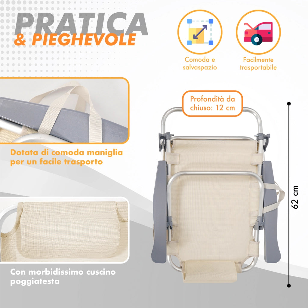 Set 2 Sedie Mare Spiaggine Pieghevoli in Alluminio con Poggiatesta e Tasca Laterale, Sdraio Spiaggia Basse con Braccioli, Tessuto Textilene Traspirante e Resistente, per Mare Campeggio Giardino, Beige