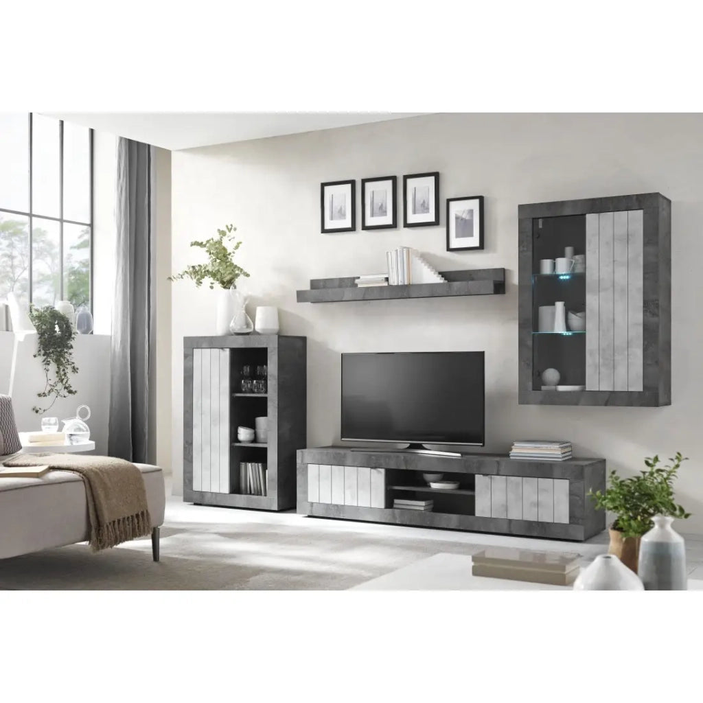 Set di mobili da soggiorno collezione BURA. Colore grigio effetto cemento.