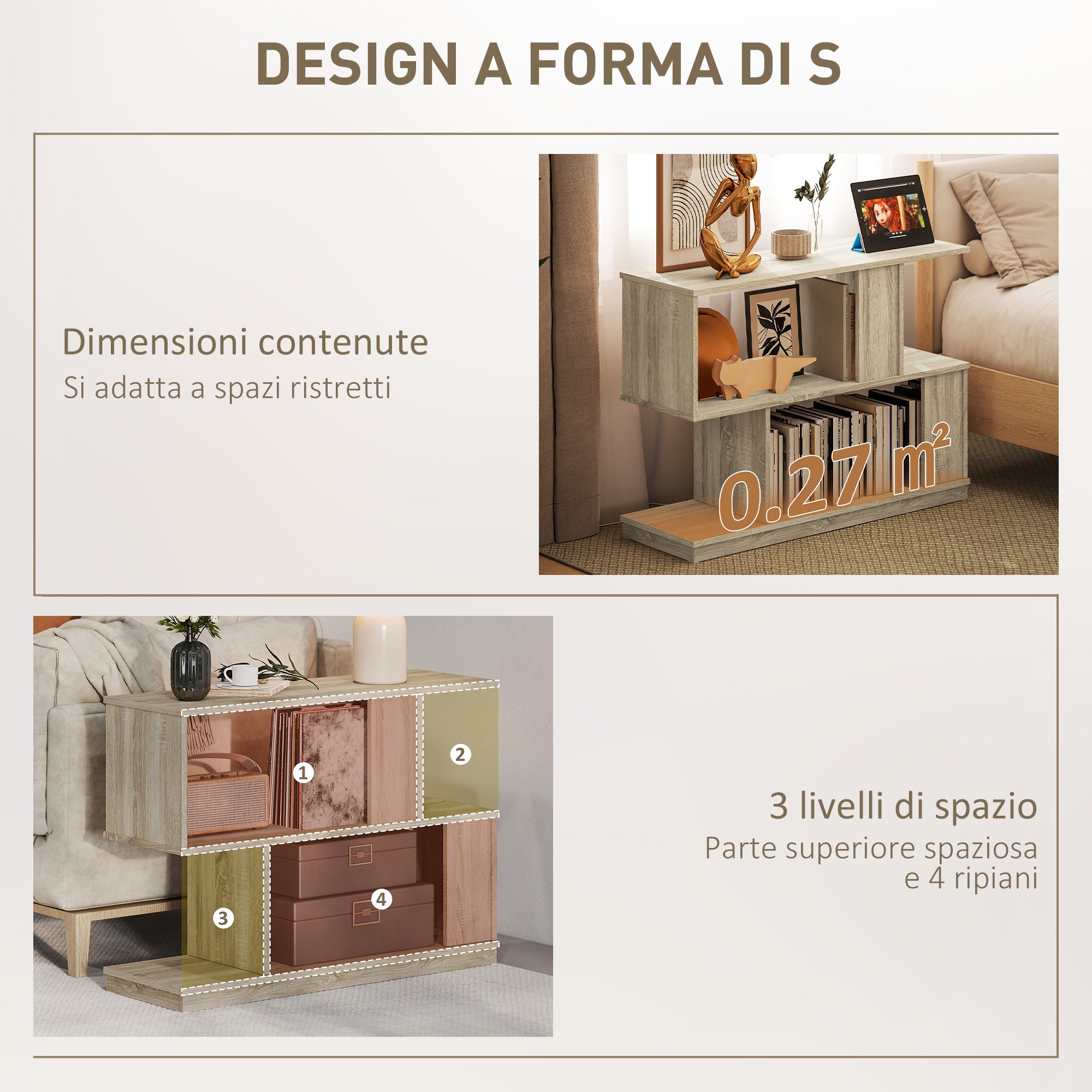 Tavolino da Caffè Moderno a S con 3 Ripiani per Soggiorno 90x30x61 cm in MDF Color Legno