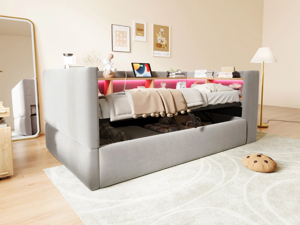 Divano letto imbottito con vano contenitore idraulico, luci LED e prese integrate, 90 x 190 cm, grigio chiaro