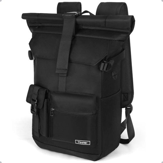 Borsa da Spalla Rolltop Uomo, 27L Borsa Grande Donna, Borsa da Scuola con Tasca per Laptop 17.3 Pollici, Borsa da Viaggio Borsa da Campeggio per Lavoro, Università, Viaggio, Sport e Tempo Libero (Nero Lucido)
