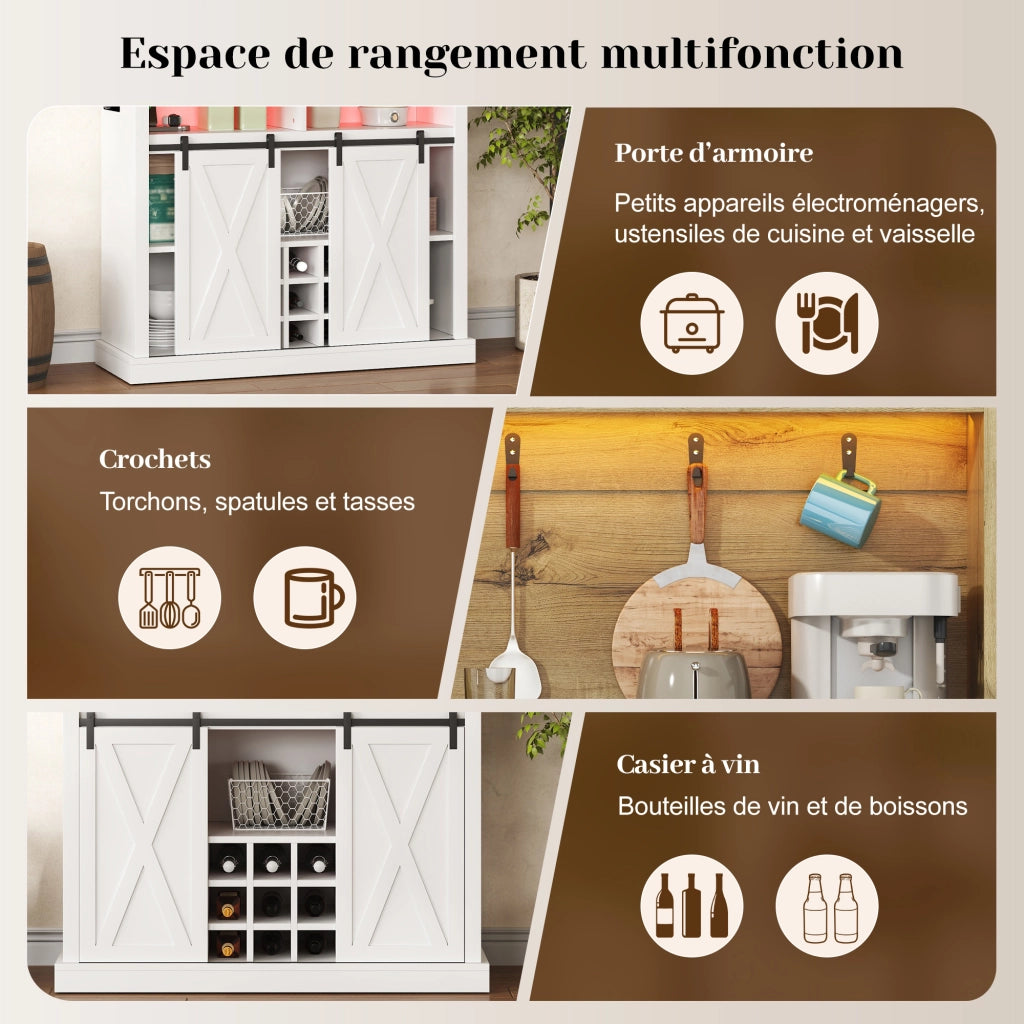 Credenza da cucina alta con LED; 2 prese; 2 porte USB; ganci; ripiani aperti e vetrina; per cucina e sala da pranzo; 40 × 110 × 191 cm