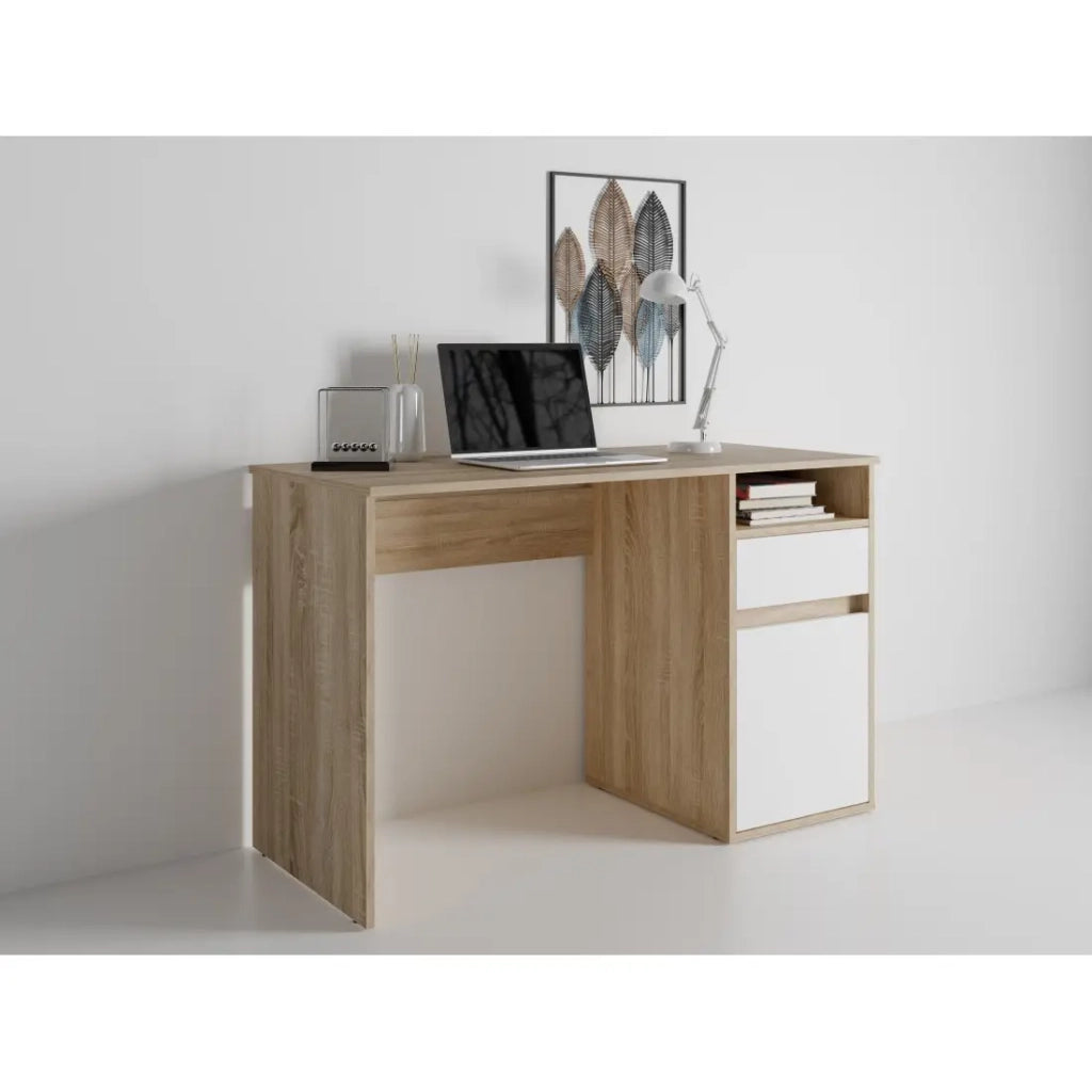 Scrivania BILOU in rovere e bianco - 1 cassetto, 1 porta e 2 nicchie - Design bicolore e spazi di stoccaggio pratici