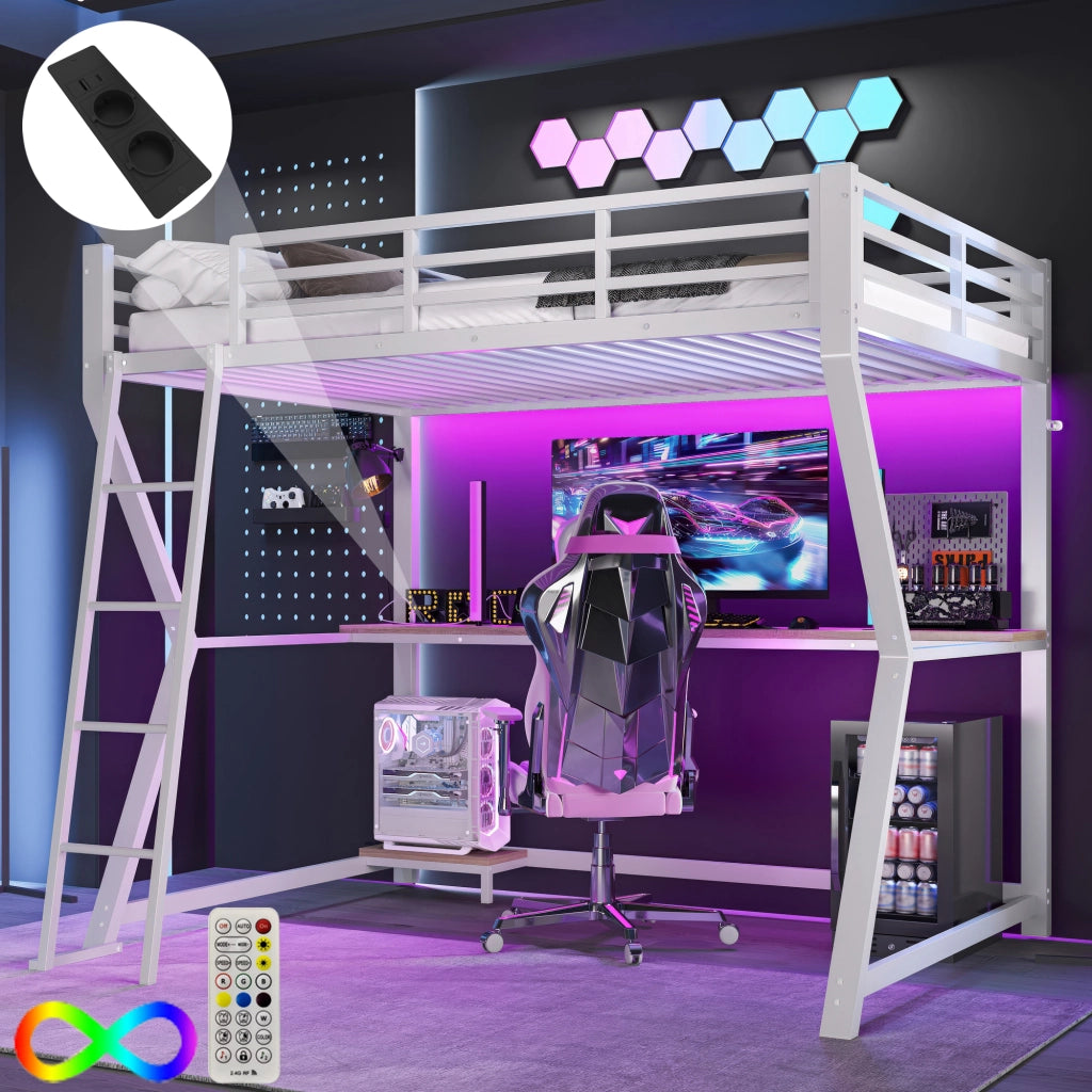 Letto a Soppalco Singolo con Scrivania; Ripiano PC; Presa; USB e LED 90×200 cm; senza Materasso; Bianco