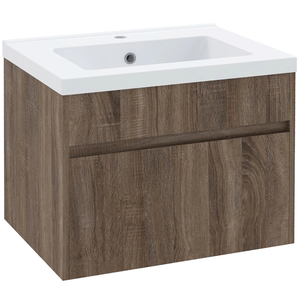 Mobile Lavabo Sospeso in Legno con Lavandino in Ceramica e Cassetto Soft Close ¨C zephmum ¨C Marrone Chiaro 60x30x