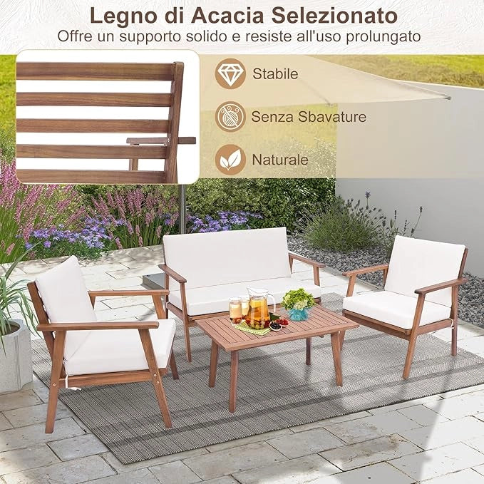 Set di Conversazione da Esterno in 4 Pezzi, Set da Divano in Legno di Acacia con Cuscini Morbidi per Sedile e Schienale, Tavolino da Caffè Rettangolare, per Patio Giardino Piscina (Bianco)